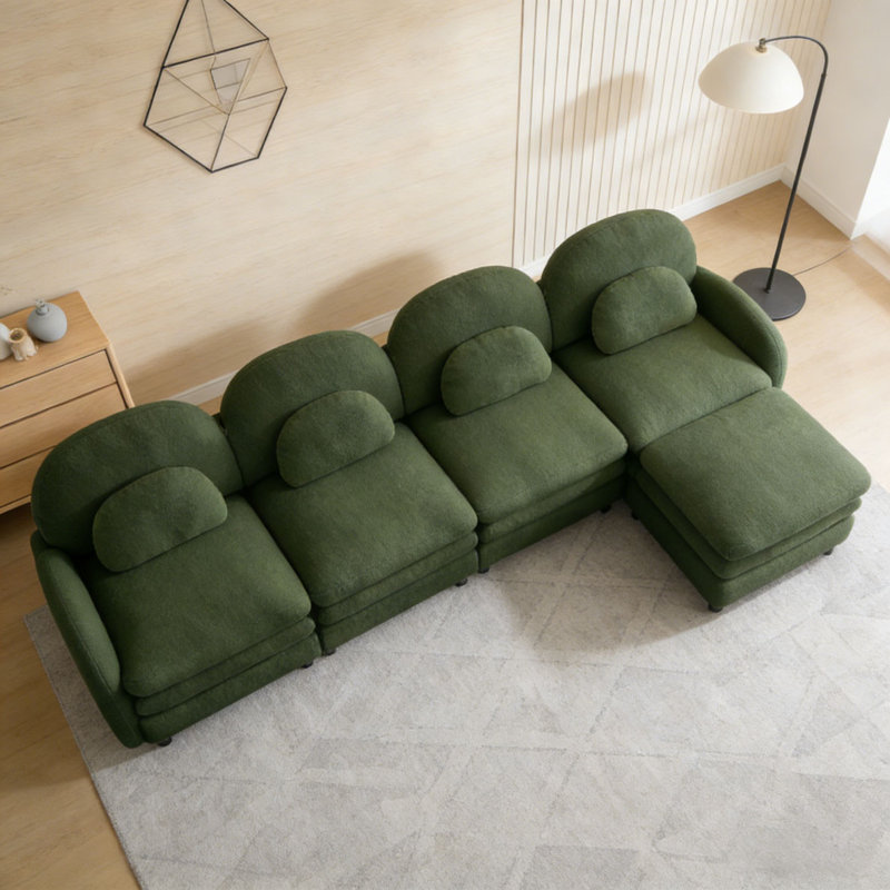 Teddy Fabric Cloud Sofa,Curved Backrest and Armrest with Curved Lumbar Pillows, Green+4Seat+1Ottoman