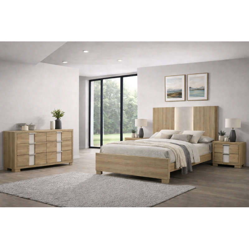 Ensemble de chambre à coucher à panneau moderne DEL avec finition bois flottant, 4 pièces, Très grand lit