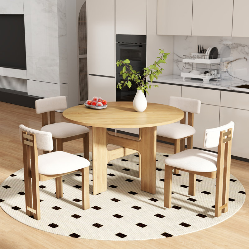 Modern Farmhouse Dining Set - Round Cross-Leg Table & Upholstered Chairs - 3/5-Piece Kitchen Set, 5 Pieces: Table, 4 Chairs