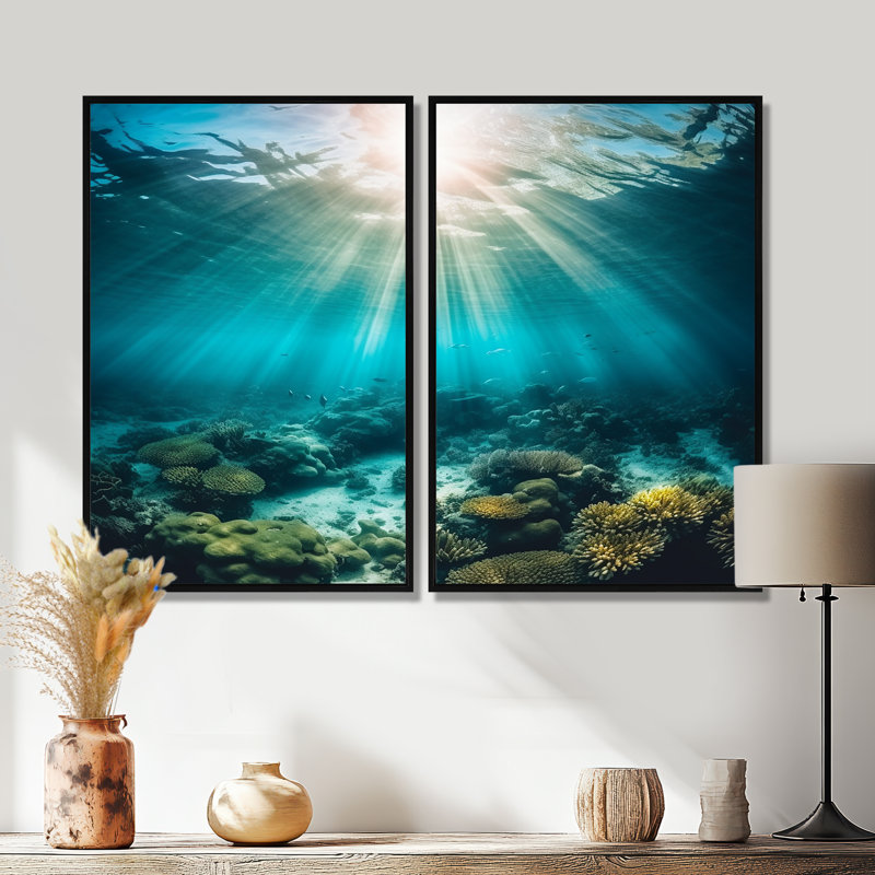 Underwater Coral IV - Coastal Coastal Wall Decor 2-Panneaux, 36" H x 48" W, Impression encadrée flottante, Black