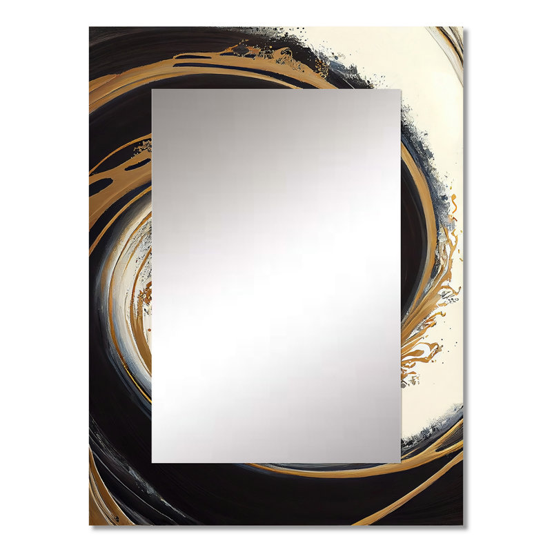 «Black and Gold Circle V - Abstract Spirals», miroir mural noir, 32 po x 24 po