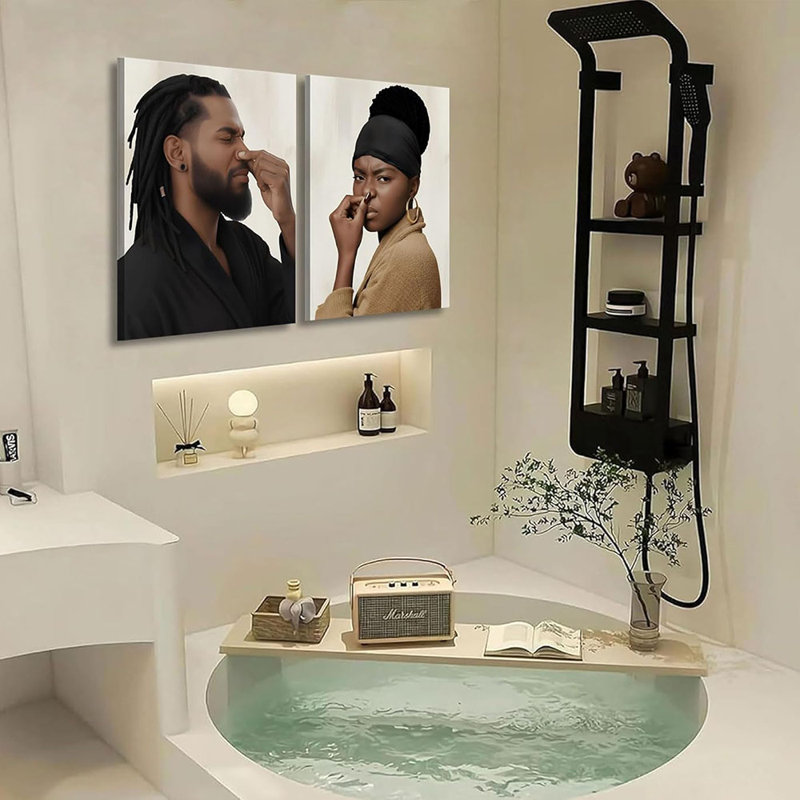 2Pcs Funny Black Bathrooms Canvas Wall Art African Couple Toilet Pinch Nose Wall Decor Pictures Humour Black With A Stinky Posters Prints For Wc Bathroom Decoration Prepare To Hang