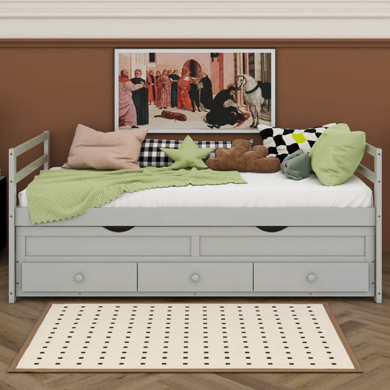 Twin Size Bed Guest Bed With Trundle And 3 Storage Drawers, Platform Bed With Headboard & Footboard, Gray