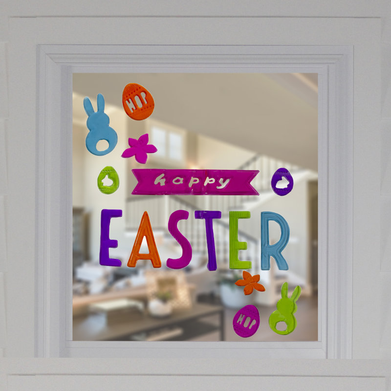 Adhésif pour fenêtre rose et orange en forme de gel de lapin «Joyeuses Pâques»