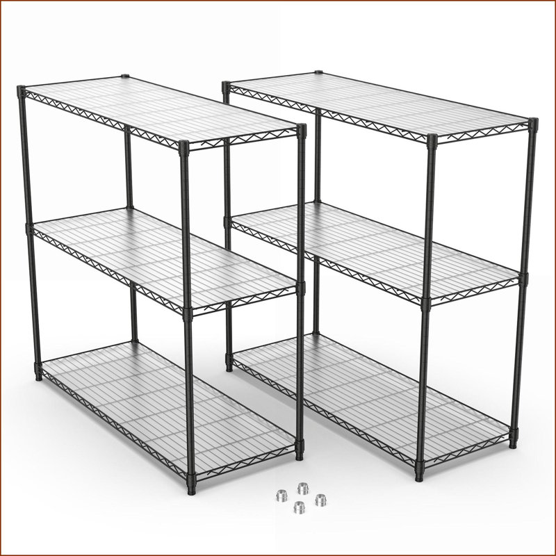 Ensemble de 2 étagères grillagées, 3 niveaux, 48 x 48 x 18, rangement en métal robuste, capacité de 1050 lb avec doublures | Noir | Fer + plastique