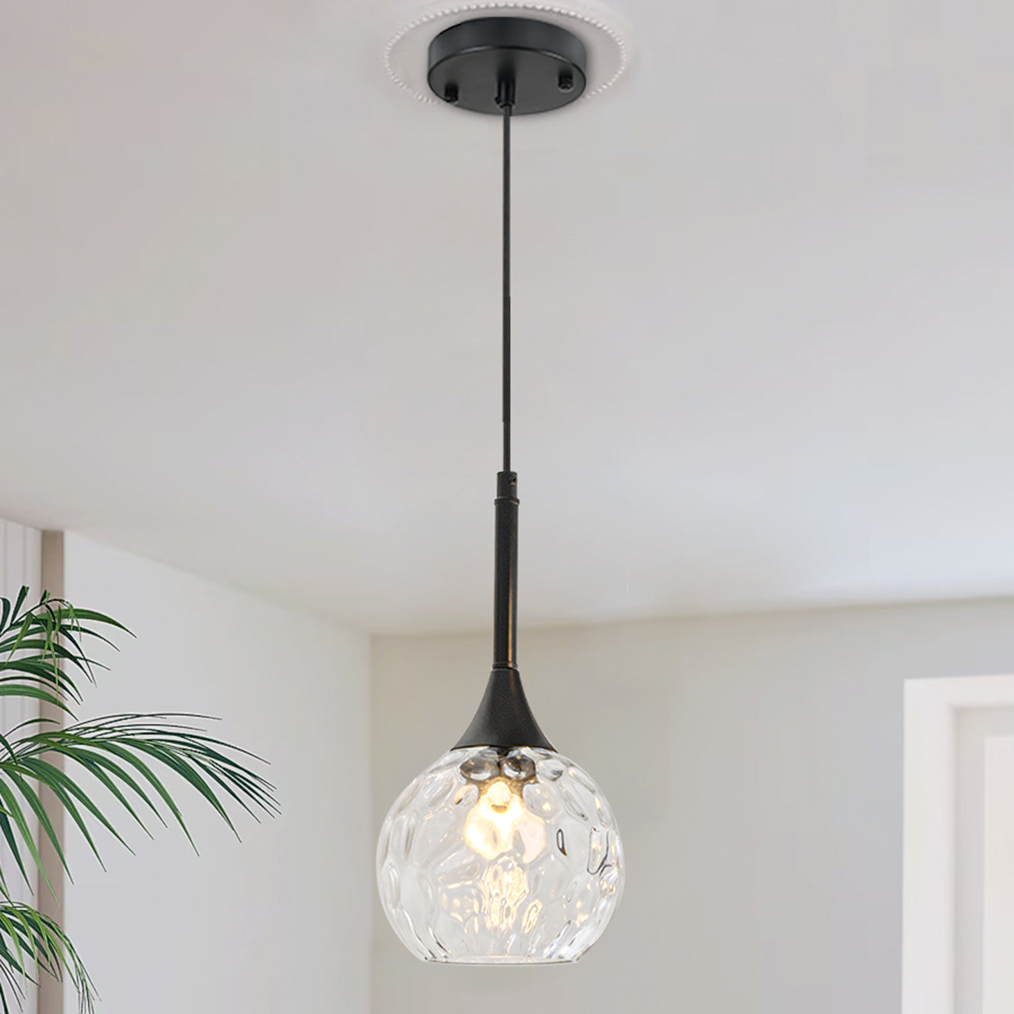 1-Light Matte Black Pendant Light Fixtures Over Island With Hammered Glass  Shade