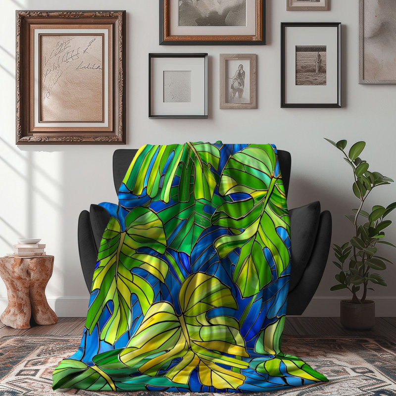 Mosaic Monstera - 1 Piece Premium Sherpa Blanket, Queen