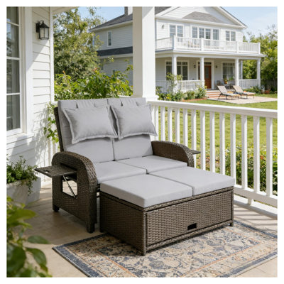 Gray Wicker Outdoor Daybed with Ottoman, 3-in-1 Convertible Rattan Reclining Sofa and Sun Lounger