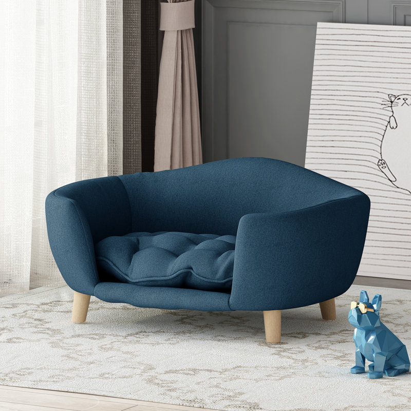 Lit pour chien confortable avec pieds en bois de bouleau de style Mid-Century moderne, bleu marine, assemblage requis, sécurité du coussin
