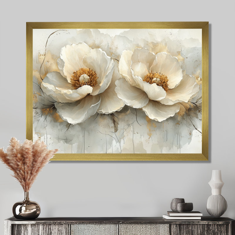 Rallection parallèle de pivoines abstraites - art mural abstrait moderne pivoines, H 16 po x l 32 po, Cadre flottant, Doré