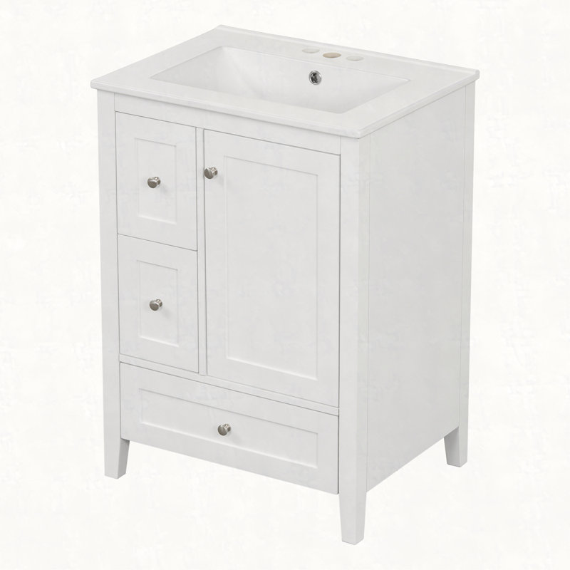Meuble-lavabo de 24 po avec rangement, tablette réglable, panneau de fibres à densité moyenne et bois d'hévéa, cloisons amovibles
