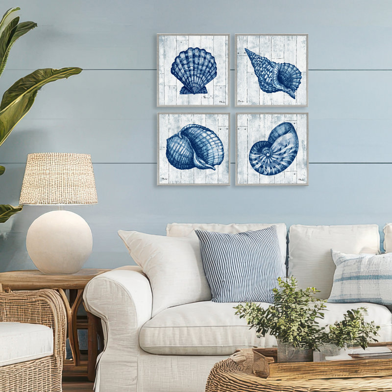 Ensemble de giclées encadrées 4 pièces Coastal Timberland Seashells, design par Paul Brent, 12 x 12