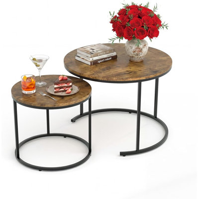 23.6/15.7 Inch Round Nesting Coffee Table Set of 2, Round Coffee Table for Living Room, Space Saving Nesting Tables with Faux Marble Top, Metal Frame,