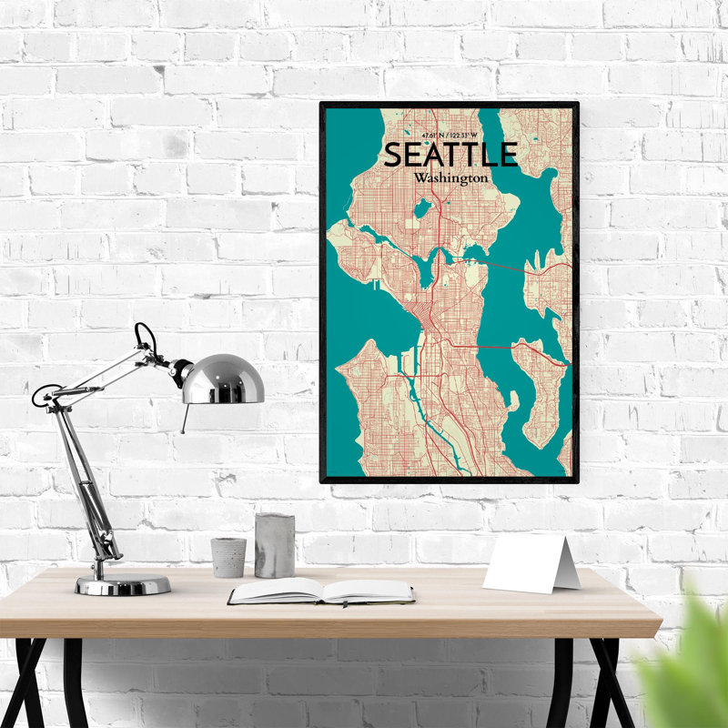 «Seattle City Map», reproduction d'impression sur affiche tricolore, H 17 po x l 11 po x P 0,05 po