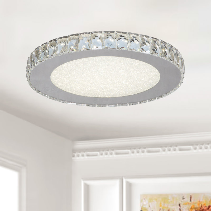 Lustre 1 lumière DEL chrome avec cristaux transparents, H 3,5 po x l 17 po x P 17 po