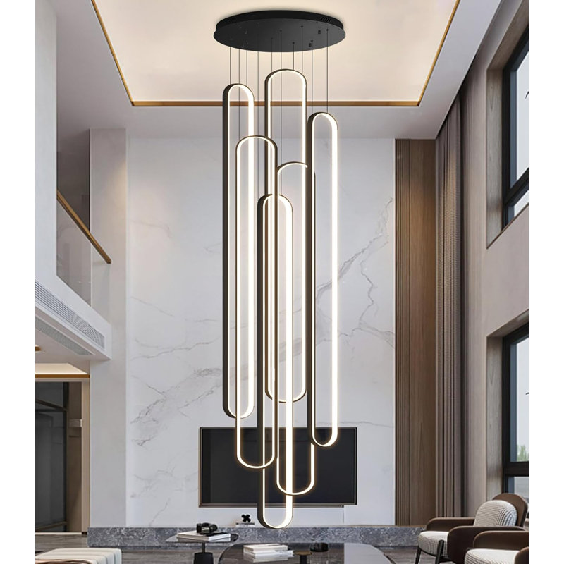 Lustre linéaire à 6 lumières DEL à intensité variable, H 138 po x l 23,6 po x P 23,6 po, 234 W, Noir, noir, noir, noir