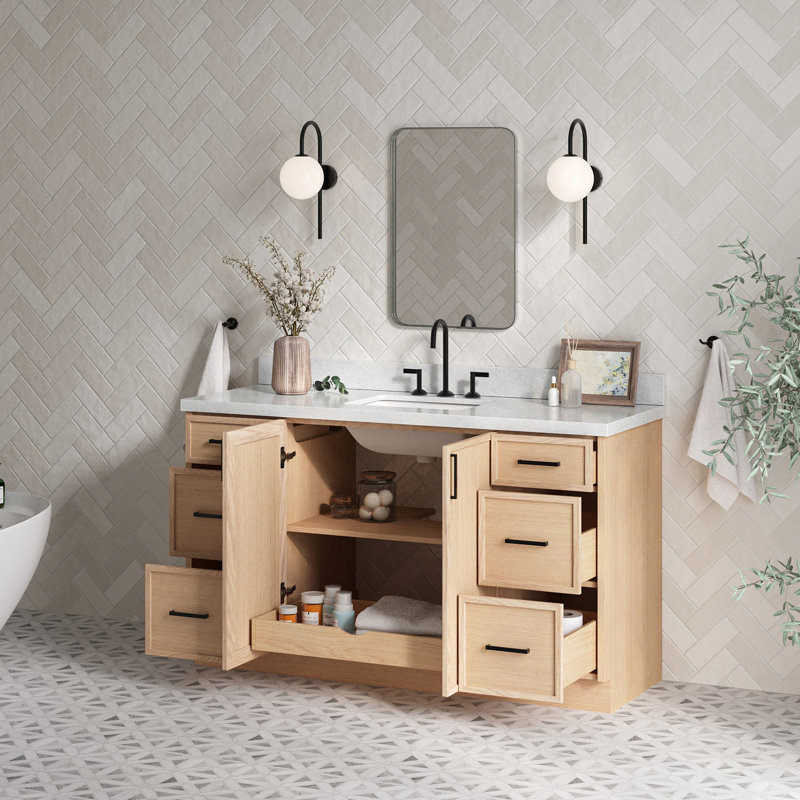 ARIEL Kelly 61 Single Sink Bathroom Vanity with Italian Carrara Marble Top, Oak