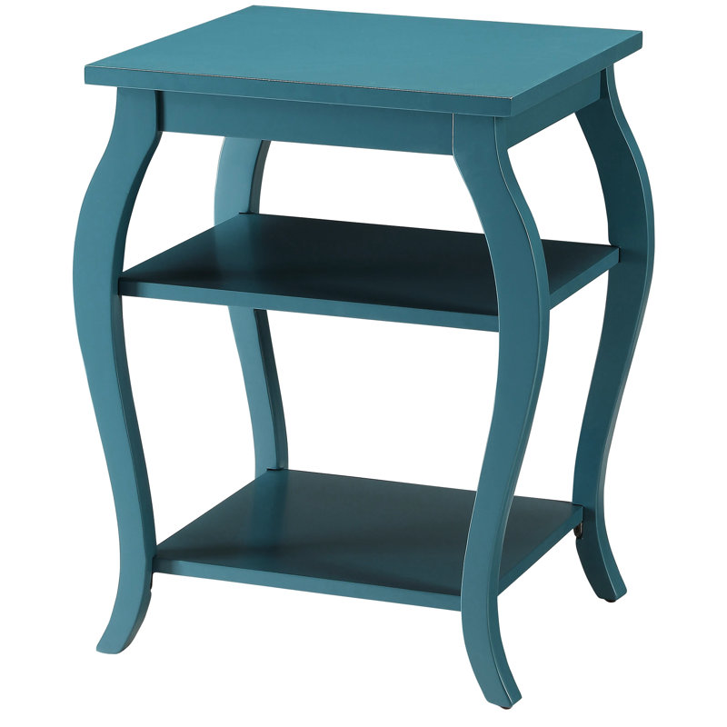 Bleu sarcelle, carré, table de bout, étagères ouvertes, pieds gracieux, espace de vie principal à 2 tablettes, surface carrée en bois, grand espace de rangement, livres