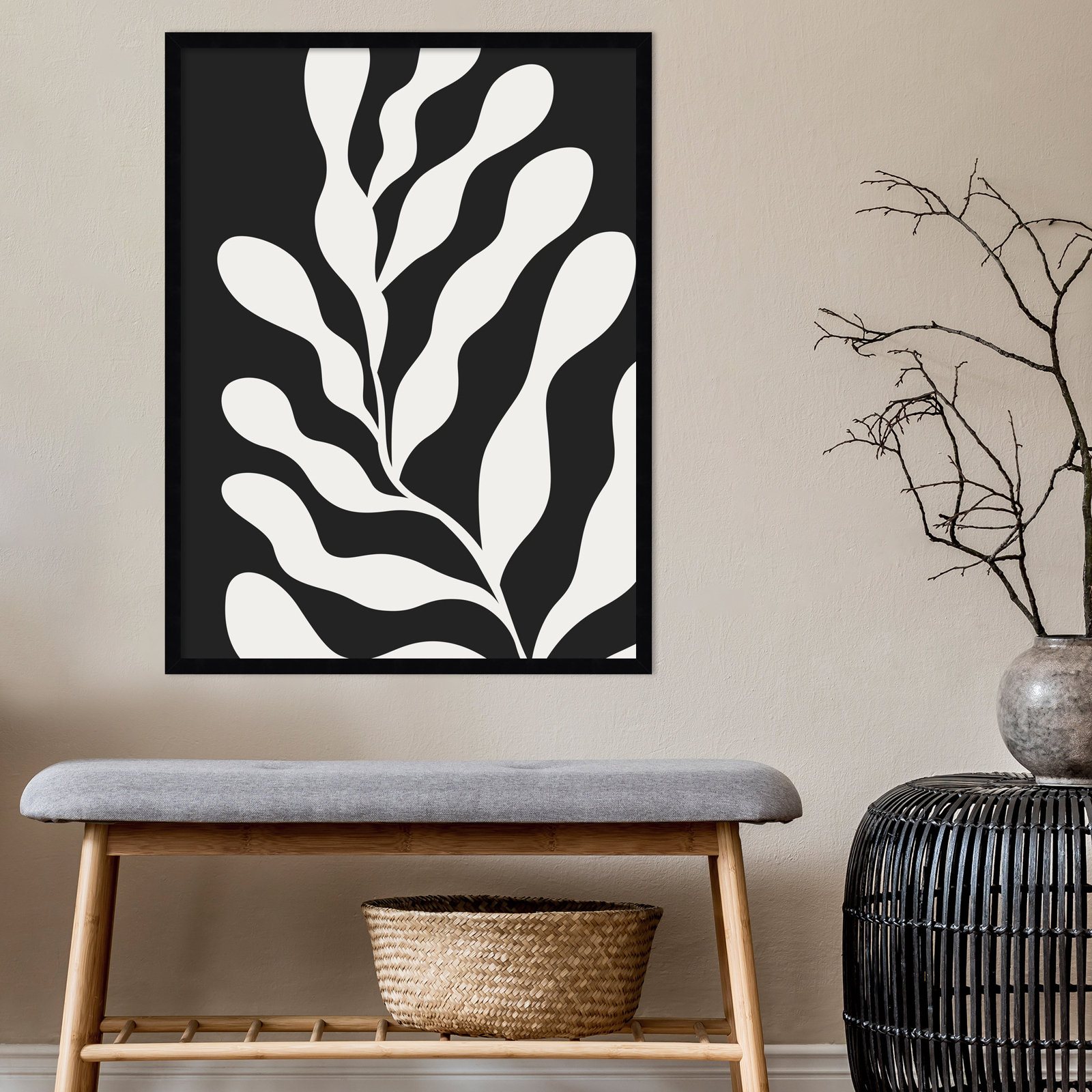 Retro Matisse Inspired Abstract Botanical 3 Black, Black, 33" H x 25" W x 1" D