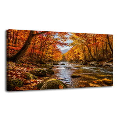 Toile, art automnal, ruisseau de forêt, roches à feuillage coloré, décoration murale sereine pour le salon, la salle de bain, la chambre, le bureau, H 20 po x l 40 po, prêt à accrocher