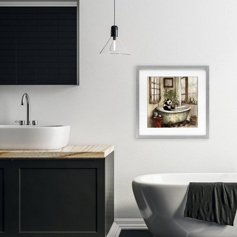Reproduction sous verre encadrée Panda Bear Bath Time, par Sasha, H 16 po x l 16 po, Cadre de ferme gris