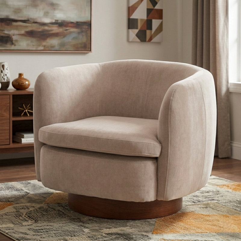 35" Wide Modern Swivel Faux Leather Upholstered Barrel Chair, Velvet Khaki