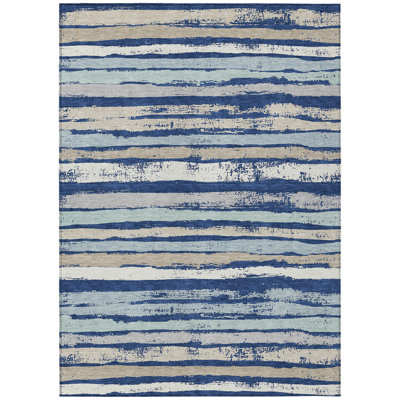 3' X 5' Navy Blue Beige And Ivory Striped Washable Indoor Outdoor Area Rug