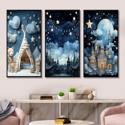 Child Nursery Starry Night I - Animal Nursery Canvas Wall Art Set Of 3