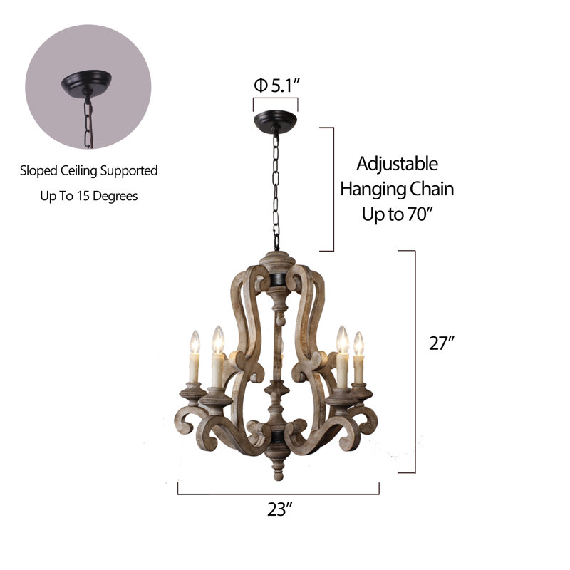 Danbury 5 - Light Candle Style Classic Wood Chandelier w Curve Arms and Adjustable Hanging Chain, Light Maple