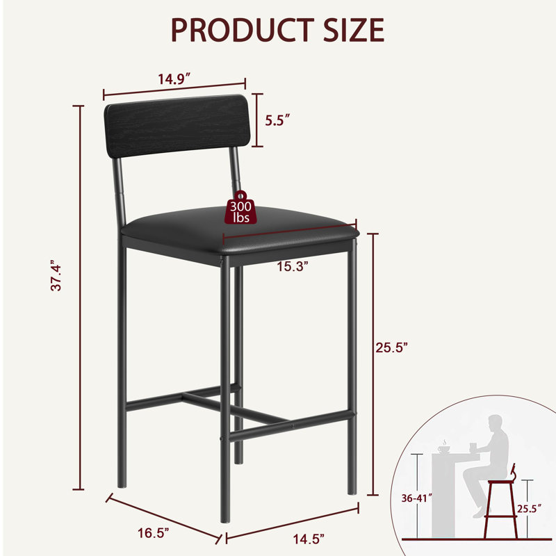 Chaises de bar rembourrées 25,5 pouces avec dossier, 4, Noir