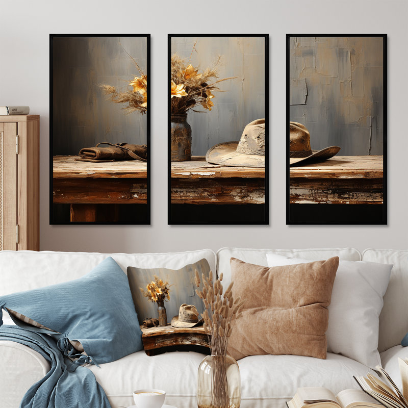Minimalisme Cowboy Hat - Cowboys, art mural, H 28 po x l 36 po, Cadre flottant noir