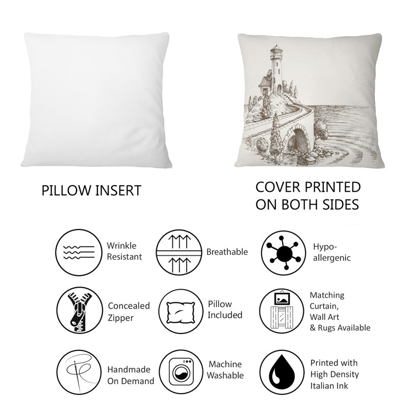 Tour de guet au bord de la mer en noir et blanc - Coussin décoratif imprimé nautique et côtier 12 po x 20 po