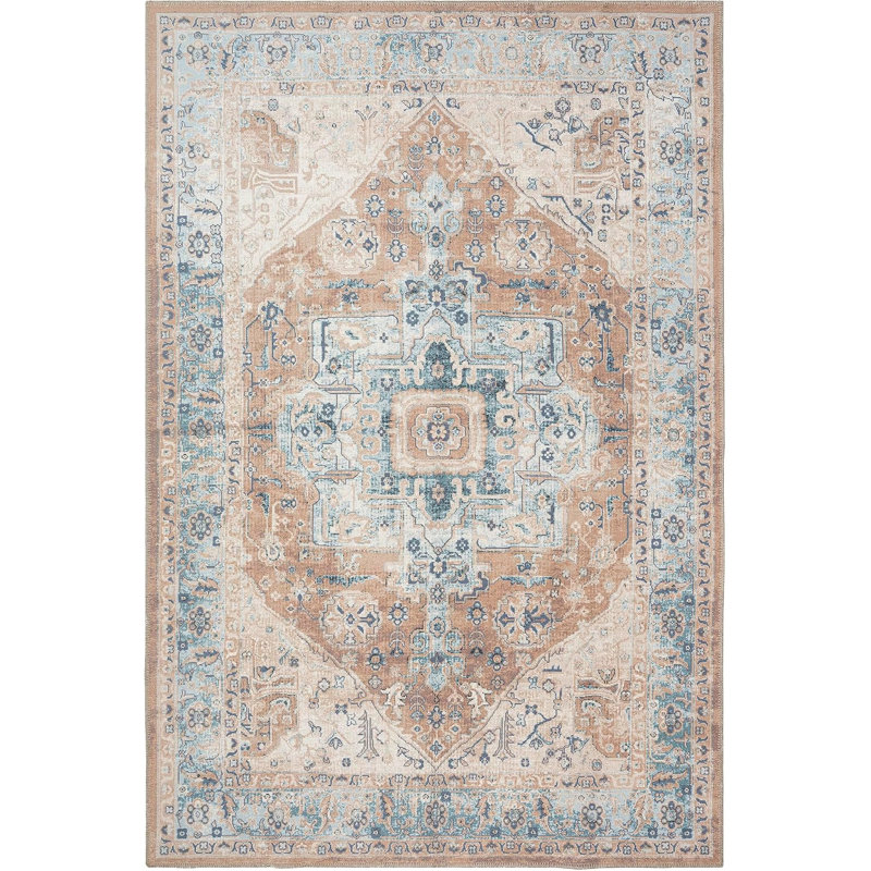 GLN Rugs Vintage Collection - Machine Washable Area Rug, Vintage Washable Rug, Non Slip Area Rug, Low Pile Living Room Rug, Bedroom Rug, Bathroom Rug - Easy Clean (Beige and Blue Rug)
