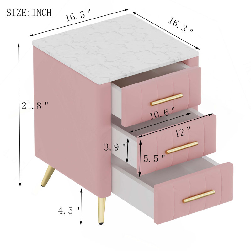 Upholstered Wooden Nightstand With 3 Drawers And Metal Legs&Handles, Bedside Table With Marbling Stickers Worktop, Pink