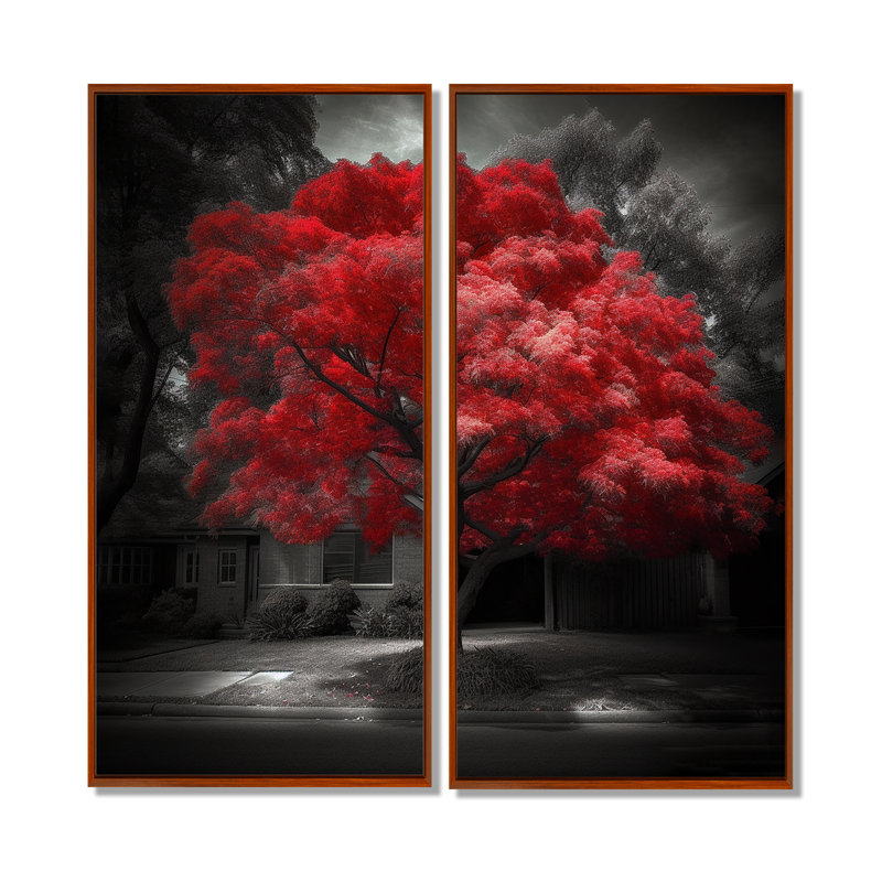 Red Tree Blossom Haven II - art mural moderne rouge 2 panneaux, H 20 po x l 24 po, Reproduction encadrée sans passe-partout