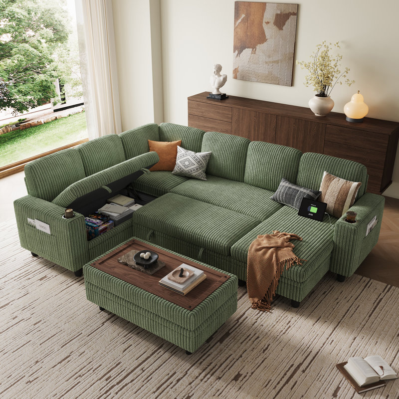 Sherry 106" Upholstered Modular Sectional with Sotrage Ottoman & USB Charging, Bella Forest Green Corduroy