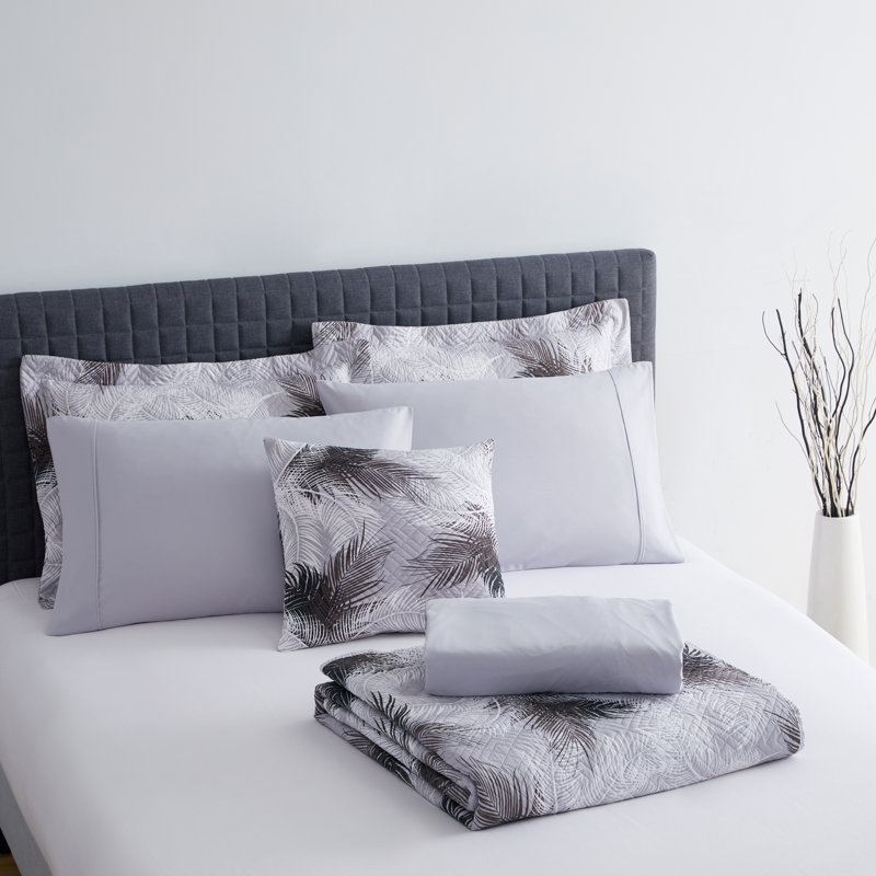 Gray Palm Leaf Microfiber Queen Bedspread Set