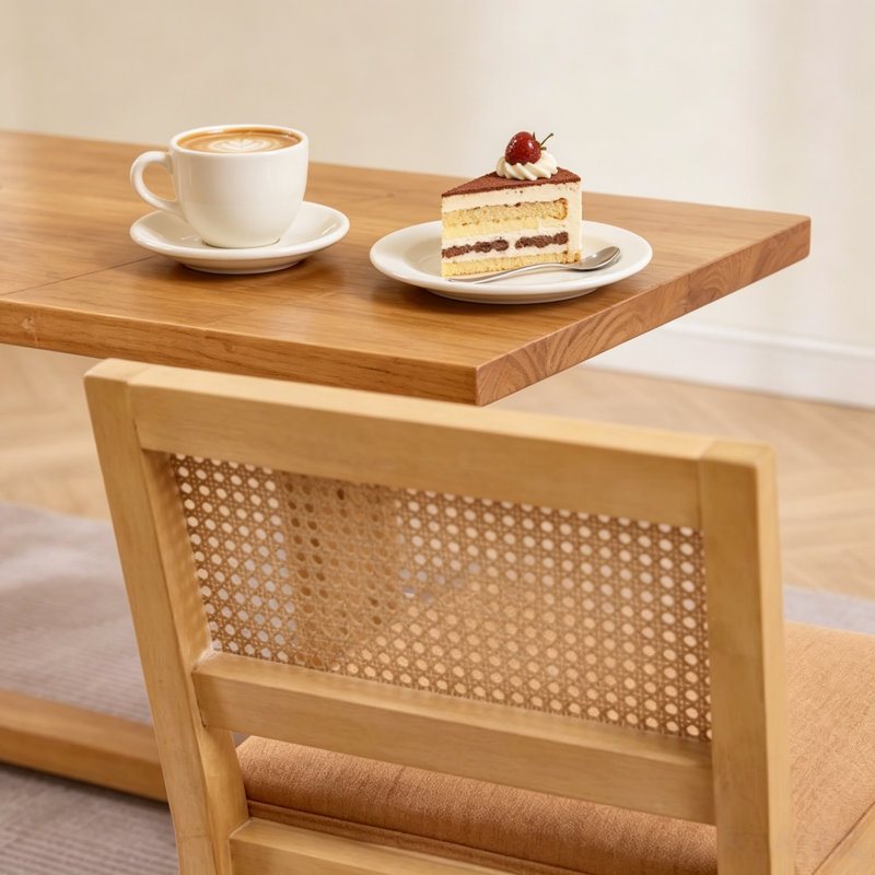 Chaises de salle à manger modernes en bois massif avec dossier en rotin, chaises d'appoint en lin brun clair (ensemble de 2) 