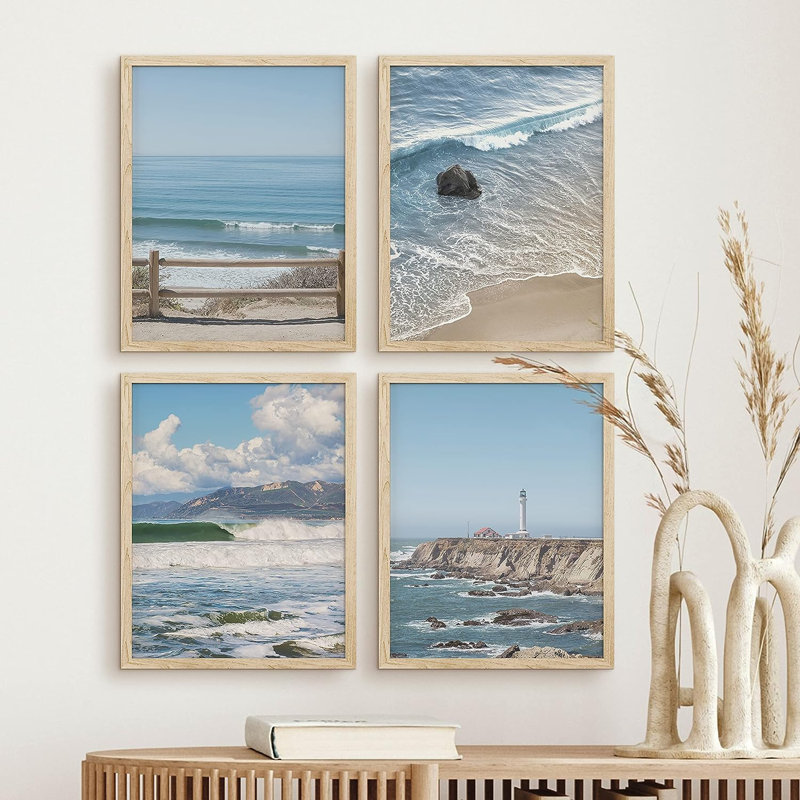 Vue aérienne de la plage de l'océan bleu, impression encadrée 4 pièces, Encadré naturel, H 14 po x l 11 po x P 1 po