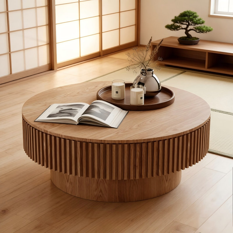 Table basse ronde 31,5 po avec rangement en bois massif