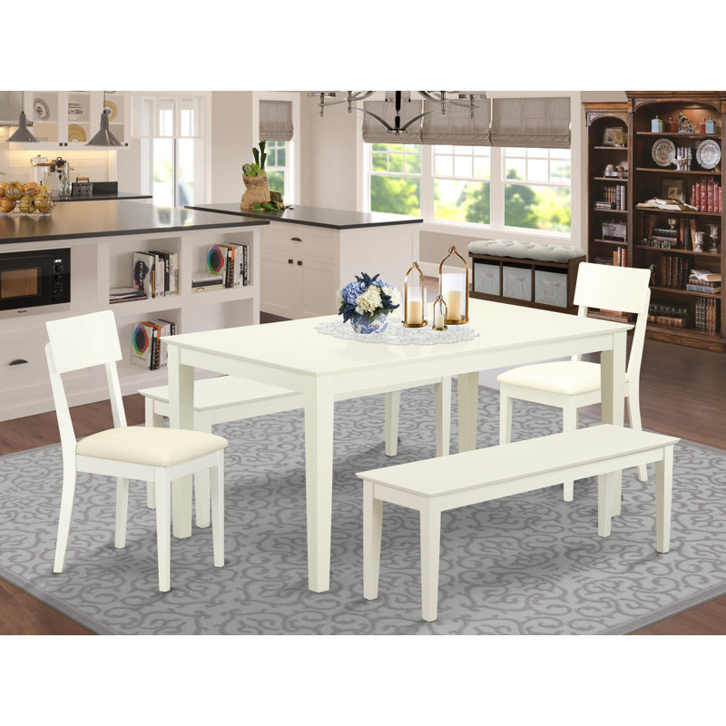 5 Piece Kitchen Table Set for 4 Includes a Rectangle Dining Room Table and 2 Faux Leather Dining Chairs with 2 Benches, 36x60 Inch, Linen White