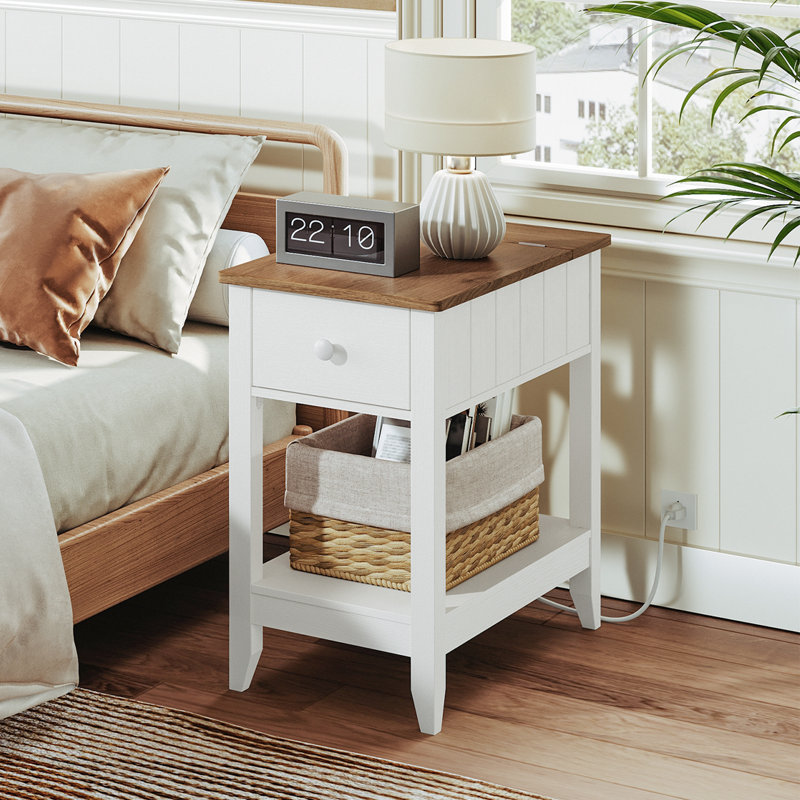 Yoland 23.6'' Tall End Table with Storage and Built-In Outlets, White