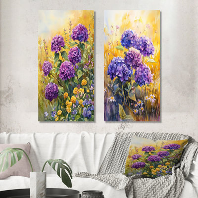 Hortensias dans un champ ensoleillé III - art mural floral 2 panneaux