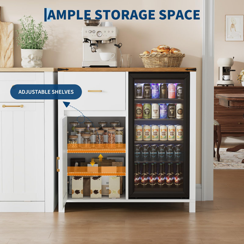 Armoire à café avec mini-réfrigérateur et tiroir, support à vin avec dessus brun chaud, organisateur de boissons pour la cuisine et le bureau, blanc, porte en acrylique