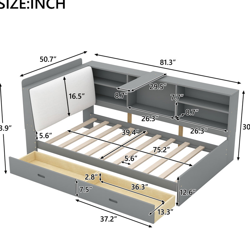 Lit plateforme simple moderne avec tête de lit à rangement, tablettes, 2 tiroirs, rangement pour tête de lit en bois gris, robustesse