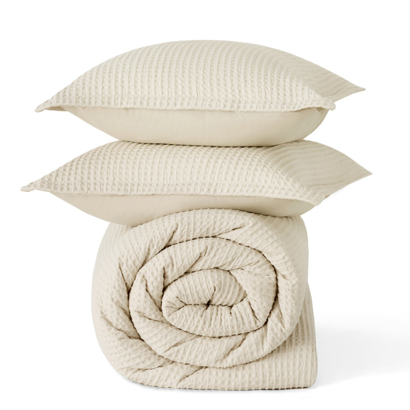 Bedsure 100% Cotton Waffle Comforter Set, Beige, Queen Comforter + 2 Standard Shams