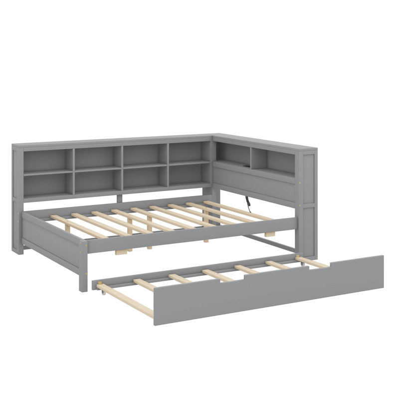 Lit de jour double en bois avec lit gigogne double, lit de jour complet avec tablette de rangement et ports USB, Lit double