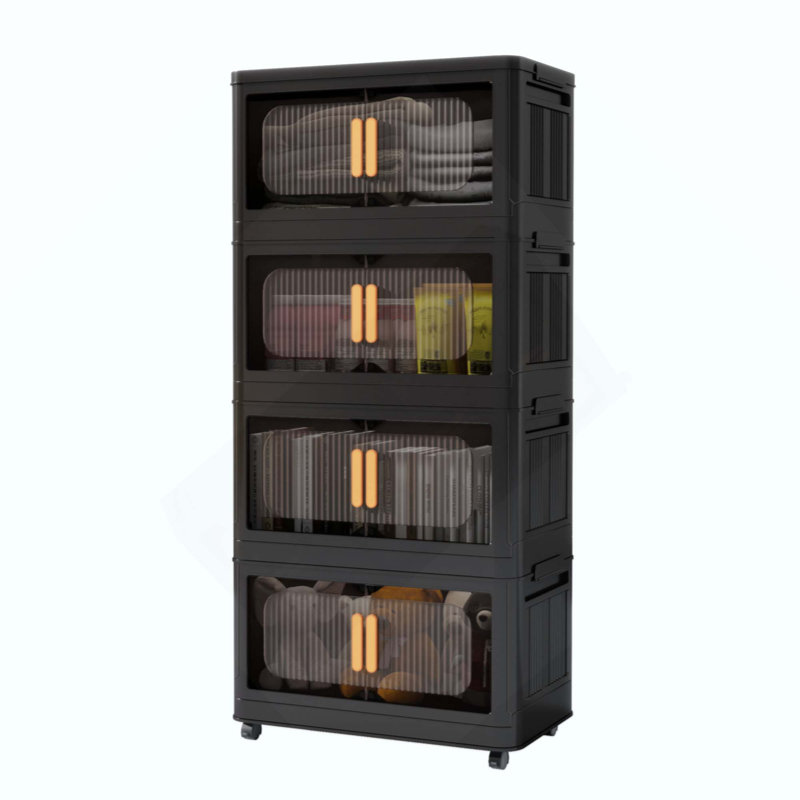 Armoire de rangement pliante à 4 niveaux avec portes et roues magnétiques, rangement pliable en plastique, Noir