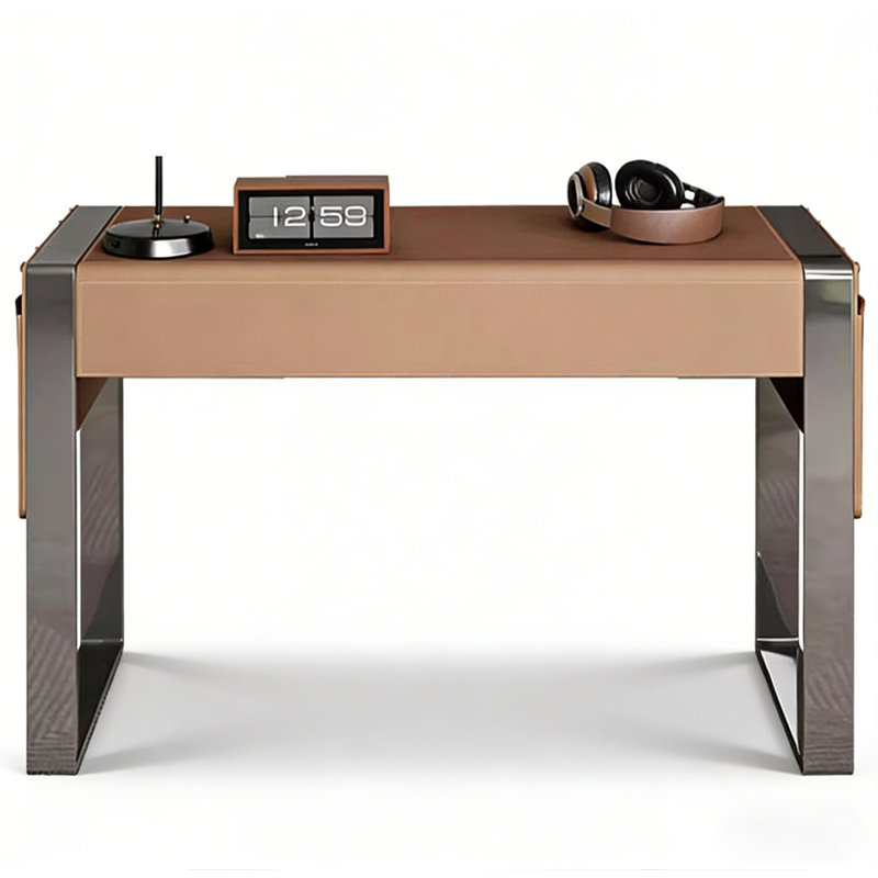 Stylish Modern Desk with Saddle Leather Top and 2 Drawers, 29.5" H x 55.1" W x 23.6" D