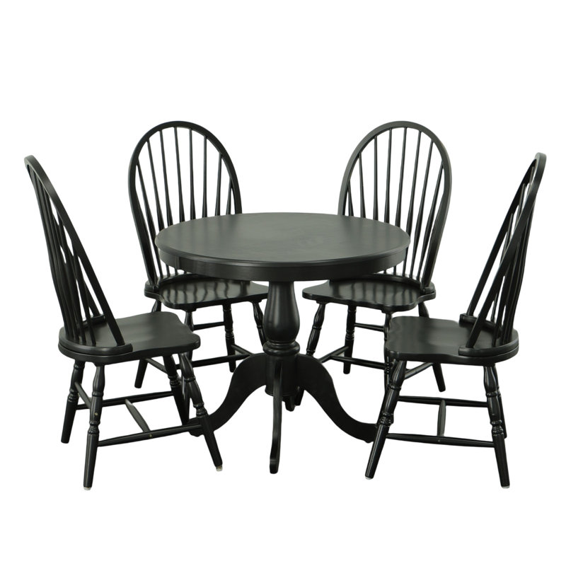 Fairview Pedestal Dining Table With Windsor Dining Chairs, Antique Black, 5 Pieces: Table, 4 Chairs, 30" H x 36" L x 36" W